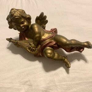 Vintage Precious Golden Hanging Cherub playing Bandolin, wings are screwed in